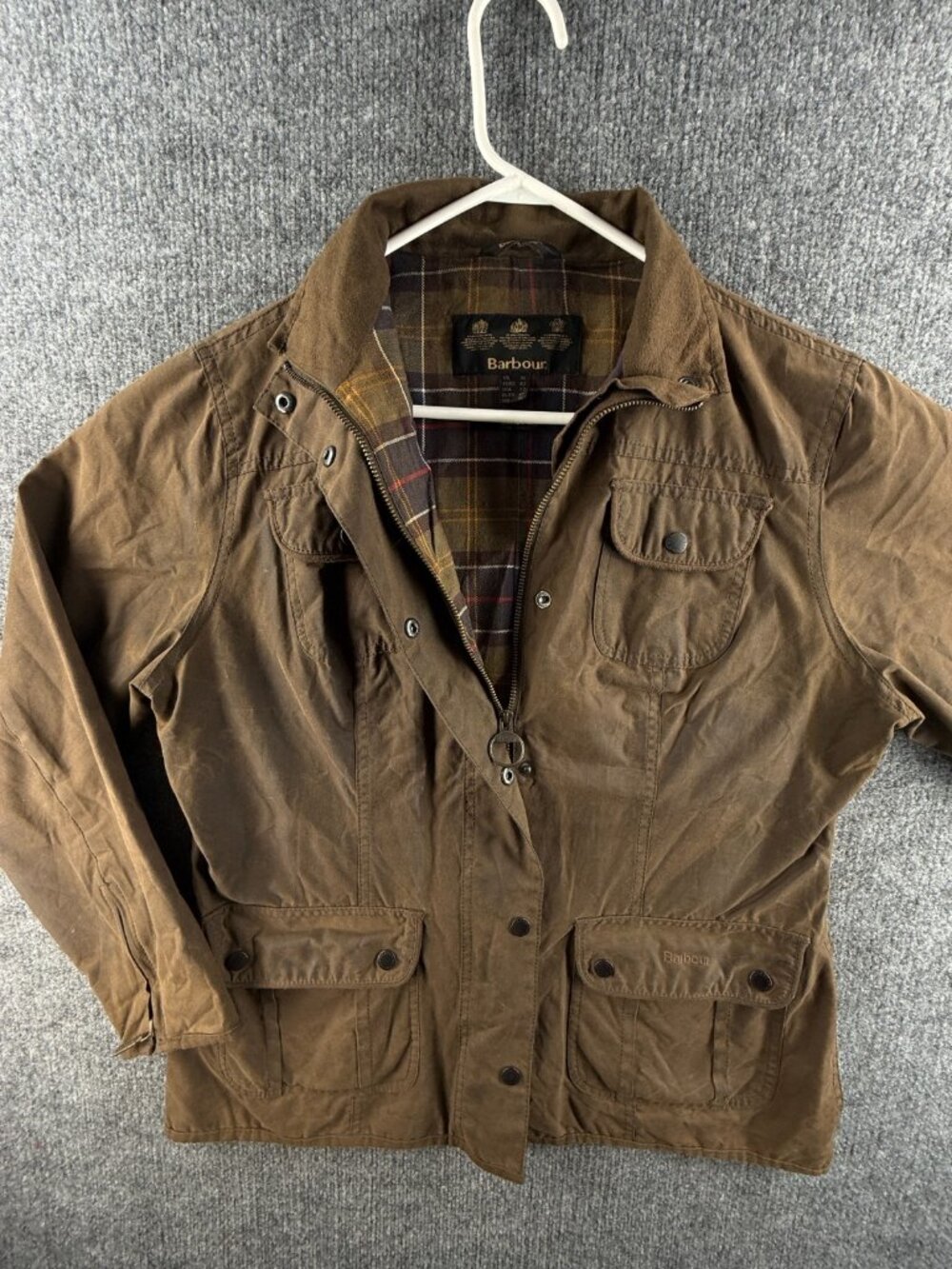 Barbour LADIES Utility Waxed Jacket Women Full Zip Brown Size 12 US Pockets